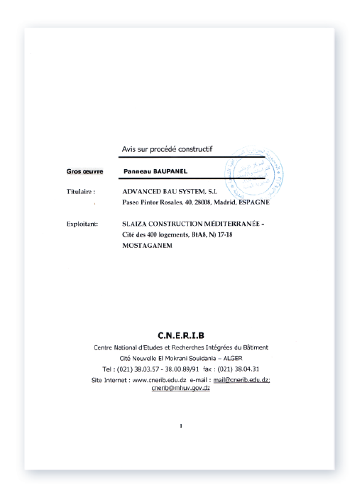 Certificaciones de construcción Baupanel - Argelia Certificaciones de construcción Baupanel - Argelia