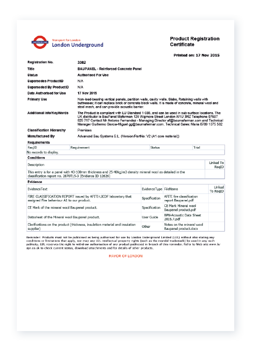 Certificaciones de construcción Baupanel - London Underground Certificaciones de construcción Baupanel - London Underground