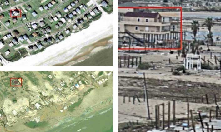 Fotografías aéreas de una vivienda en Crystal Beach antes y después del huracán IKE, Península Bolívar Texas USA (14/09/2008)